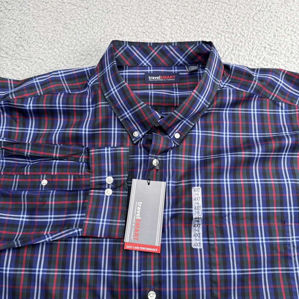 TravelSmart Dress Casual Shirt Mens XXXXL Tall 4XLT L/S Plaid Roundtree & Yorke